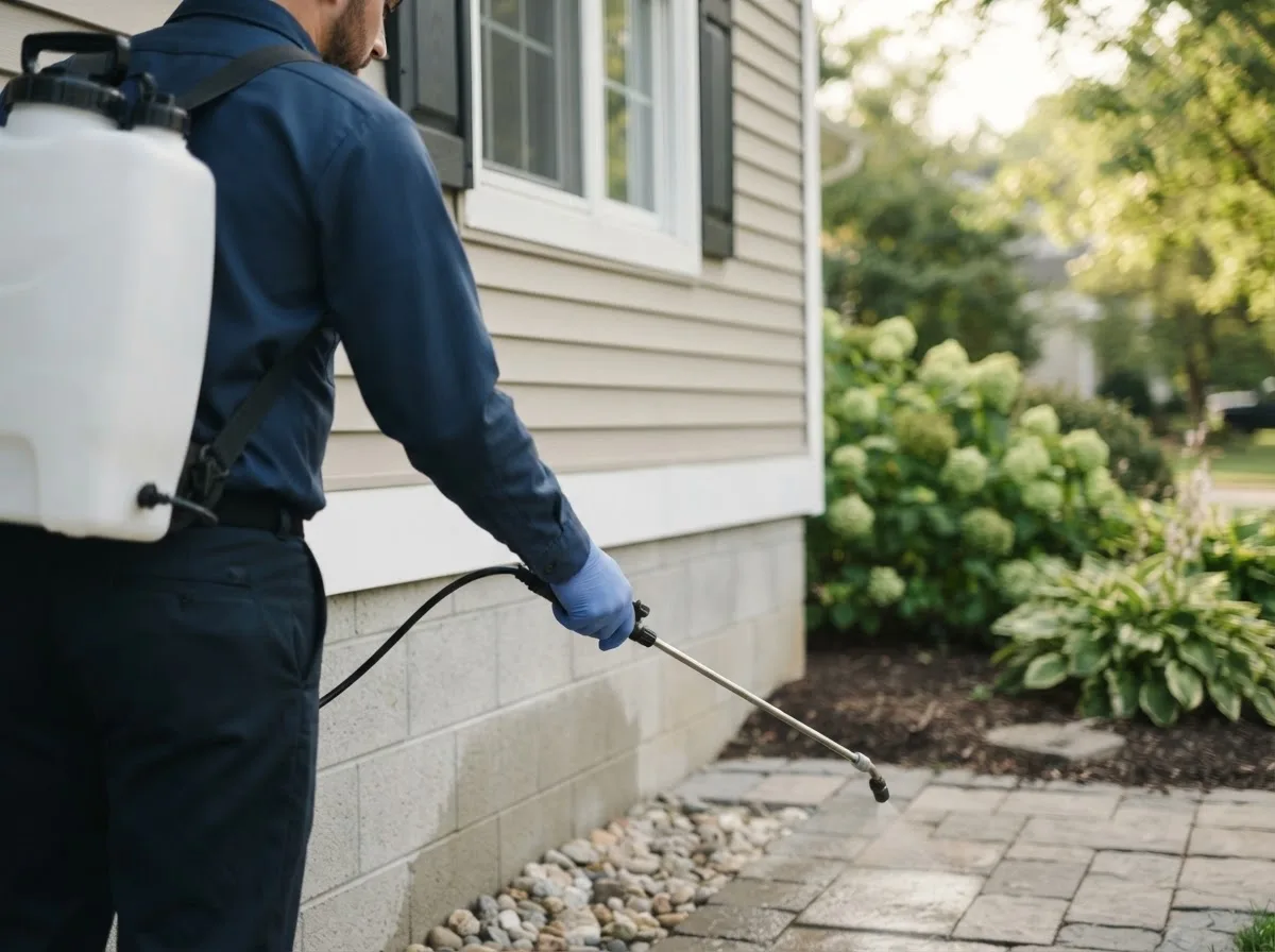 Pest control technician inspecting a home in Brookeland, TX